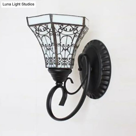 Stained Glass Wall Sconce With 1 Light In White/Brown/Blue For Corridor