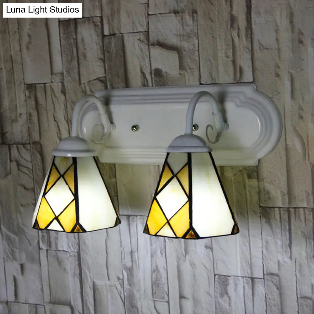 Stained Glass Wall Sconce With 2 Rustic Vintage Heads For Beige Bathroom Lighting