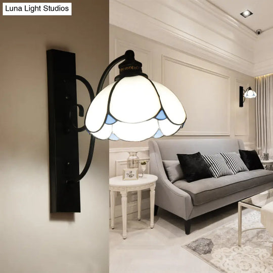 Stained Glass Wall Sconce With Scalloped Design And 3 Lights In White Clear Blue