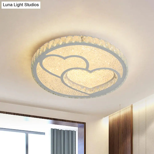 Stainless Steel Led Bedroom Flush Mount Lamp With Crystal Heart Shade In Warm And White Light