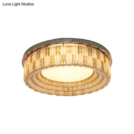 Stainless - Steel Led Flush Mount Ceiling Light With Crystal Blocks - Modern Round Fixture