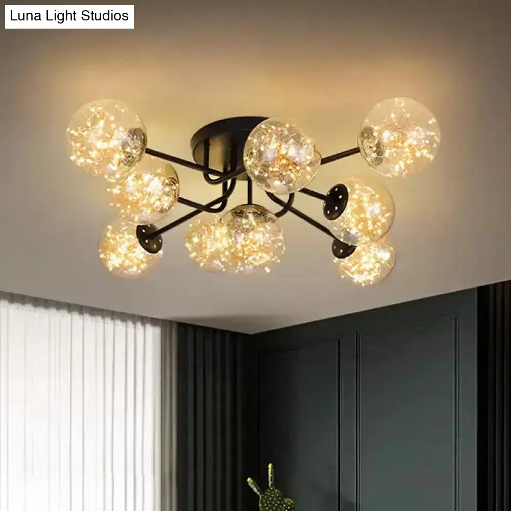 Starry Led Black Metal Ceiling Lamp With Global Glass Shade - Modern Sputnik Style 9 / Amber