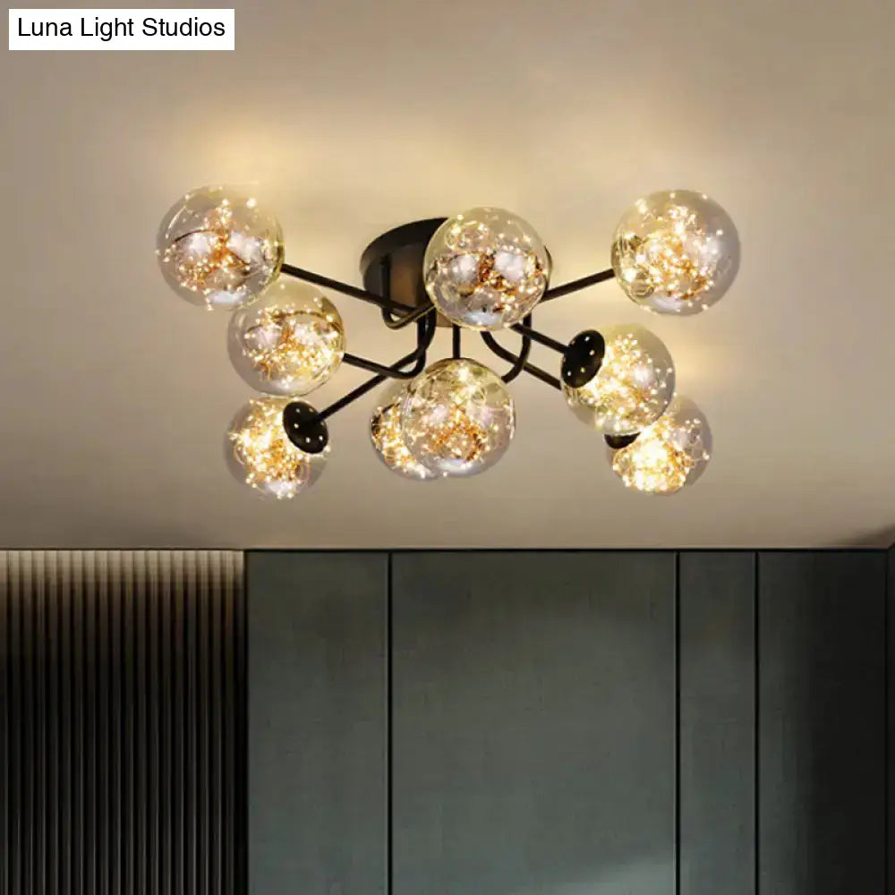 Starry Led Black Metal Ceiling Lamp With Global Glass Shade - Modern Sputnik Style 9 / Smoke Gray