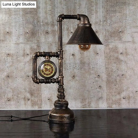Steampunk Brass Finish Table Light With Clock Deco Wrought Iron Stand And Conical Bulb