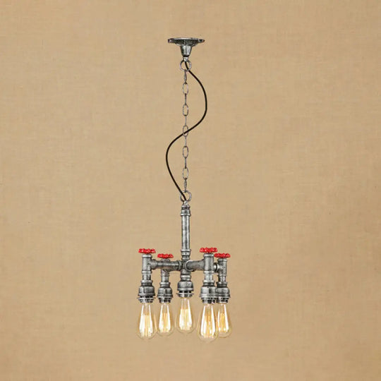 Steampunk Pipe & Valve Chandelier - Antique Silver/Bronze 5-Light Ceiling Fixture Aged Silver