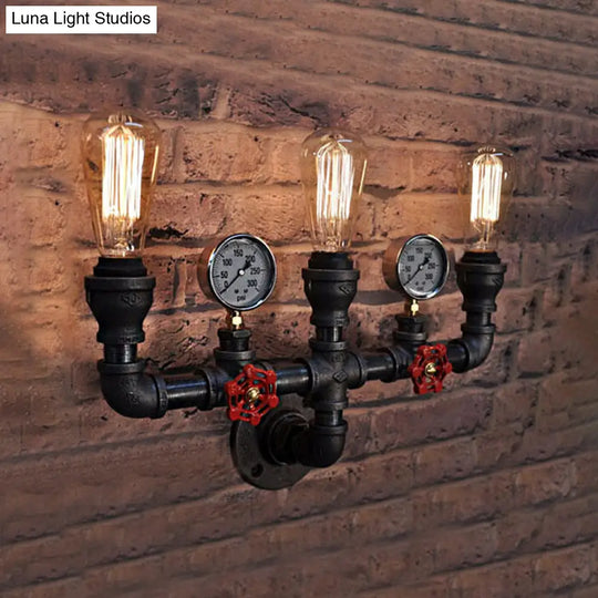 Steampunk Restaurant Wall Lighting In Black: 2/3-Lights Mount With Metal Pipe And Gauge 3 / Black