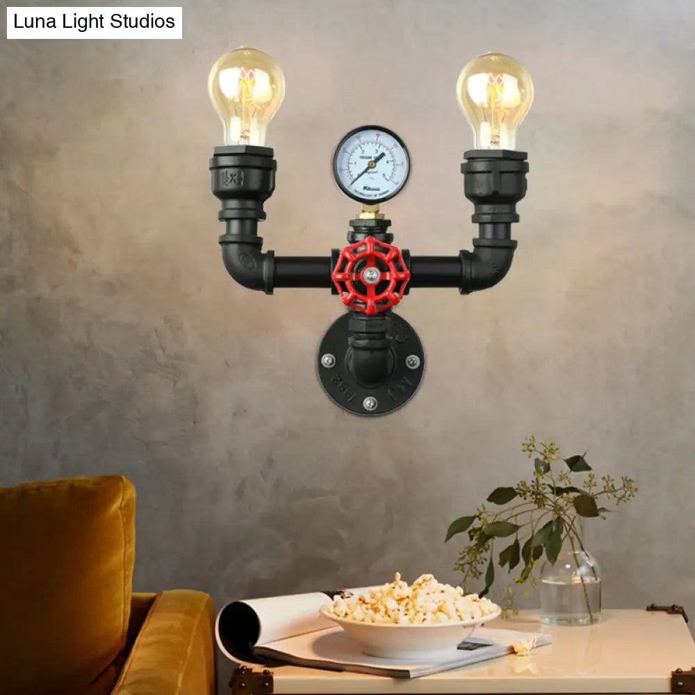 Steampunk Restaurant Wall Lighting In Black: 2/3-Lights Mount With Metal Pipe And Gauge 2 / Black