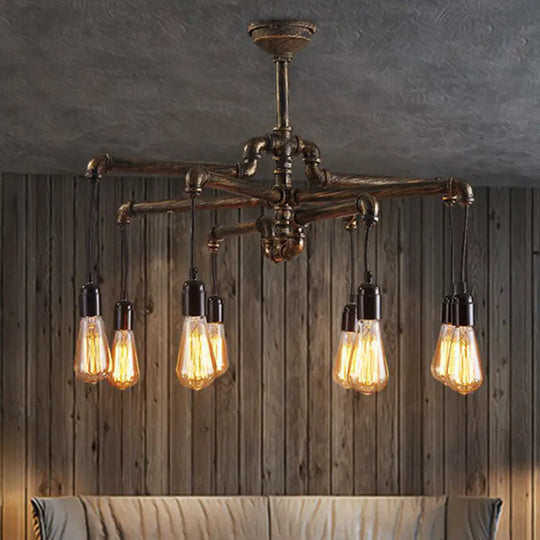 Steampunk Style Pipe Metal Chandelier: 8-Head Hanging Lamp In Rust
