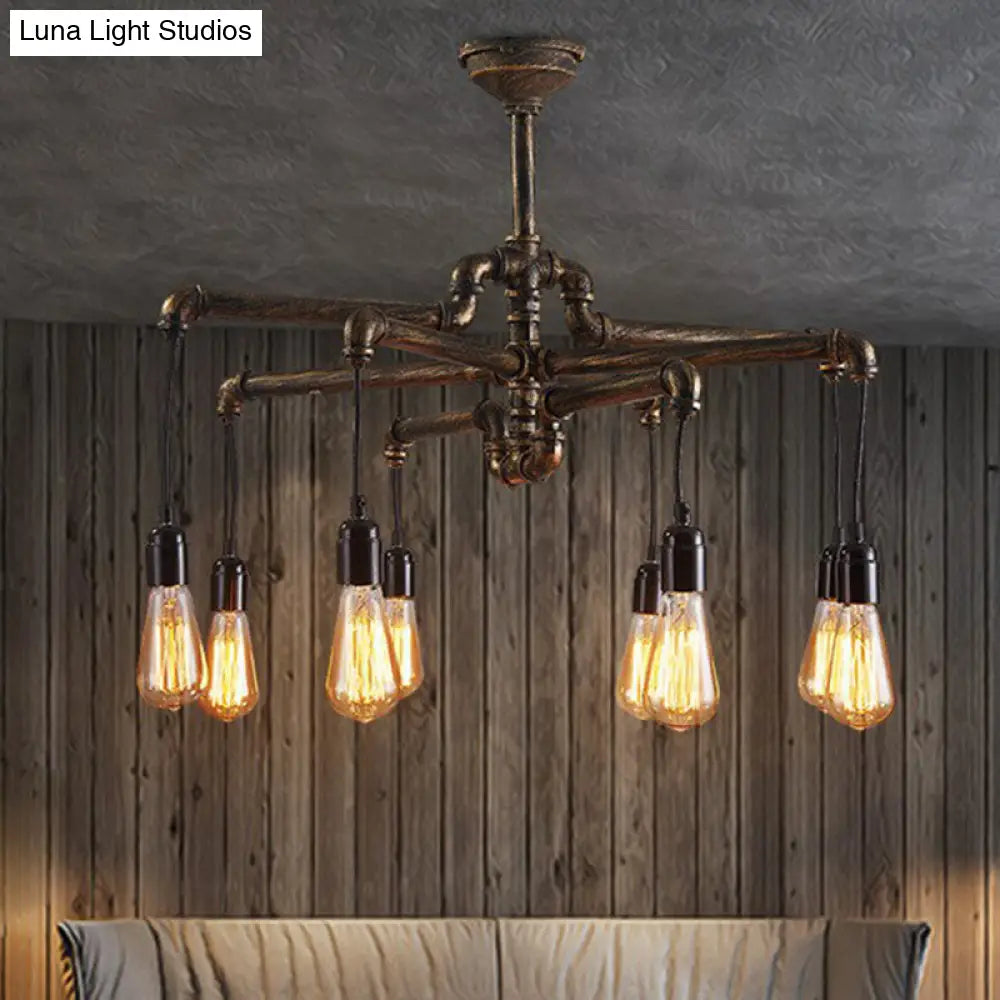 Steampunk Style 8-Head Chandelier Light Fixture: Rust Metal Pipe Hanging Lamp