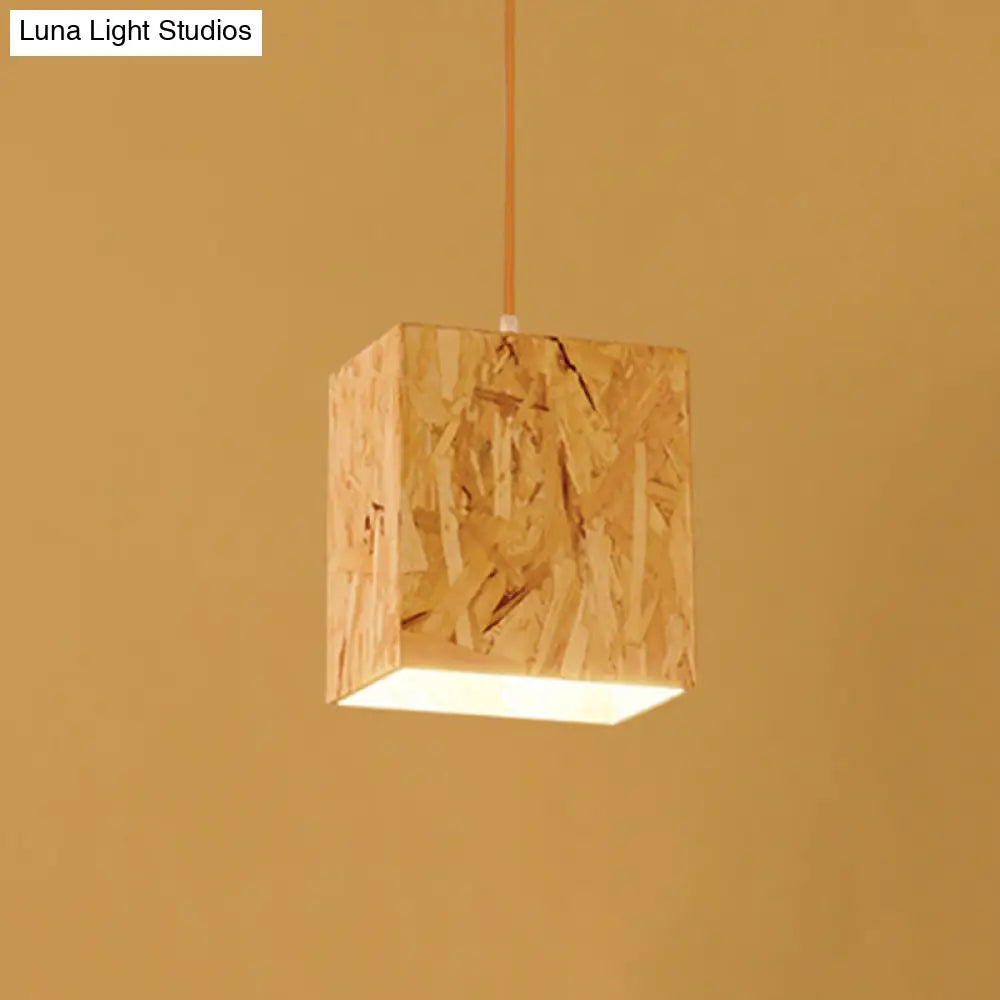 Stranded Wood Cube Ceiling Light - Simple 1 Bulb Beige Hanging Fixture For Dinette