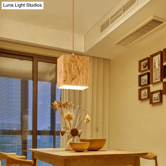 Sleek Cube Stranded Wood Ceiling Light With 1 Bulb Beige Hanging Fixture For Dinette