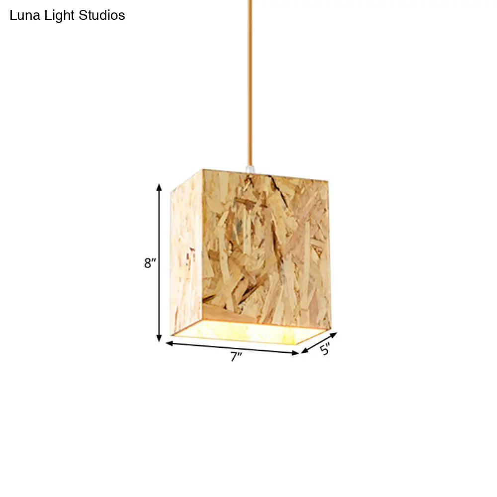 Sleek Cube Stranded Wood Ceiling Light With 1 Bulb Beige Hanging Fixture For Dinette