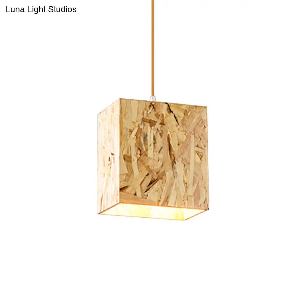 Sleek Cube Stranded Wood Ceiling Light With 1 Bulb Beige Hanging Fixture For Dinette