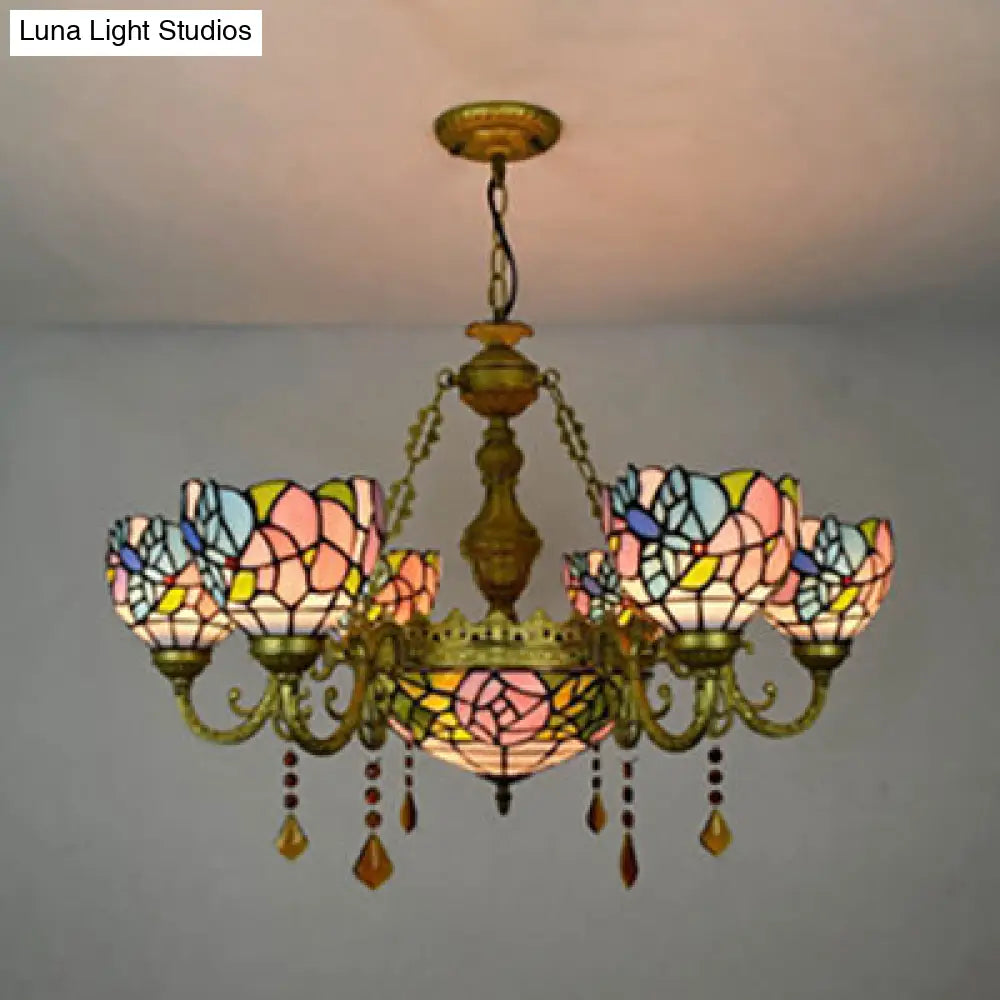 Stunning Inverted Chandelier with Tiffany Stained Glass 7 Crystal Lights and Colorful Sunflower Pattern in Brass
