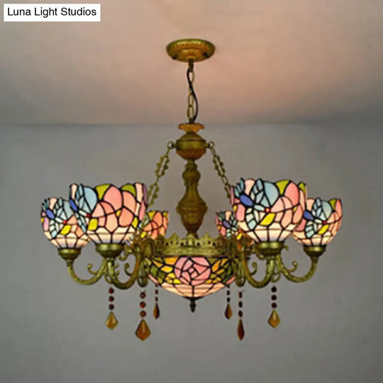 Stunning Inverted Chandelier with Tiffany Stained Glass 7 Crystal Lights and Colorful Sunflower Pattern in Brass