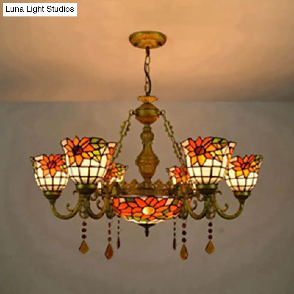 Stunning Inverted Chandelier with Tiffany Stained Glass 7 Crystal Lights and Colorful Sunflower Pattern in Brass