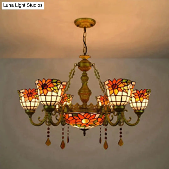 Stunning Inverted Chandelier with Tiffany Stained Glass 7 Crystal Lights and Colorful Sunflower Pattern in Brass