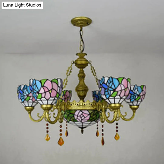 Stunning Inverted Chandelier with Tiffany Stained Glass 7 Crystal Lights and Colorful Sunflower Pattern in Brass