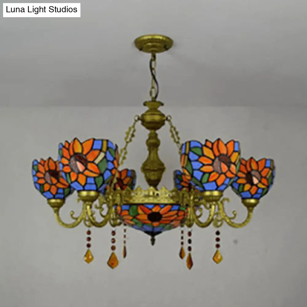 Stunning Inverted Chandelier with Tiffany Stained Glass 7 Crystal Lights and Colorful Sunflower Pattern in Brass