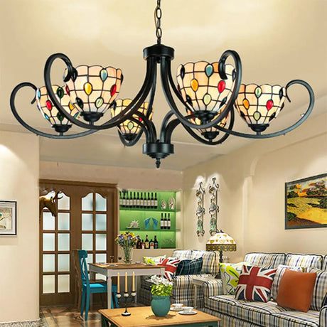 Stunning Tiffany Stained Glass Chandelier With Beaded Design - 5/6/8 Lights Beige Perfect For