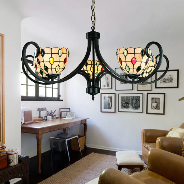 Stunning Tiffany Stained Glass Chandelier With Beaded Design - 5/6/8 Lights Beige Perfect For