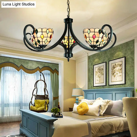 Stunning Tiffany Stained Glass Chandelier With Beaded Design - 5/6/8 Lights Beige Perfect For