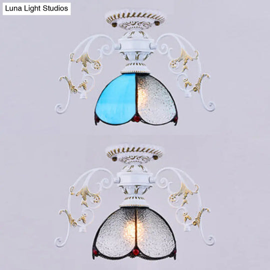 Stunning Traditional Stained Glass Ceiling Light With Blue Diamond/Frosted Shade - Black/White Semi