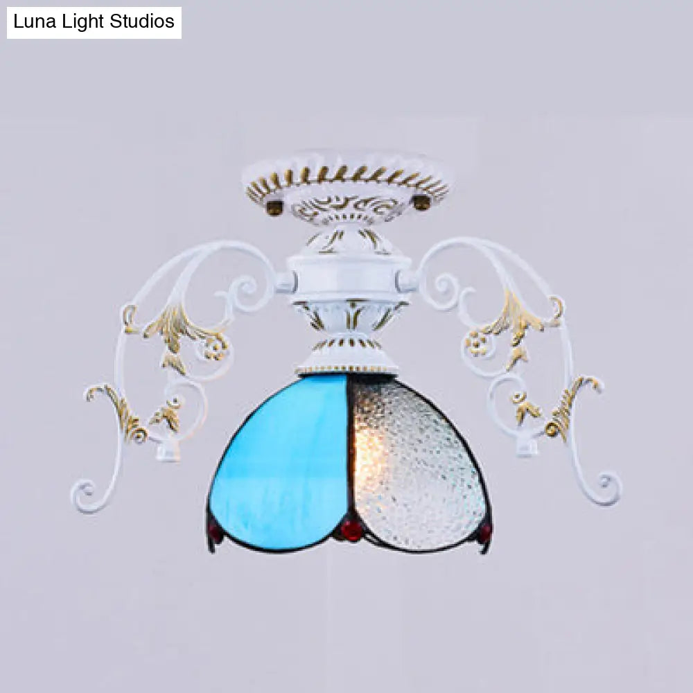 Stunning Traditional Stained Glass Ceiling Light With Blue Diamond/Frosted Shade - Black/White Semi