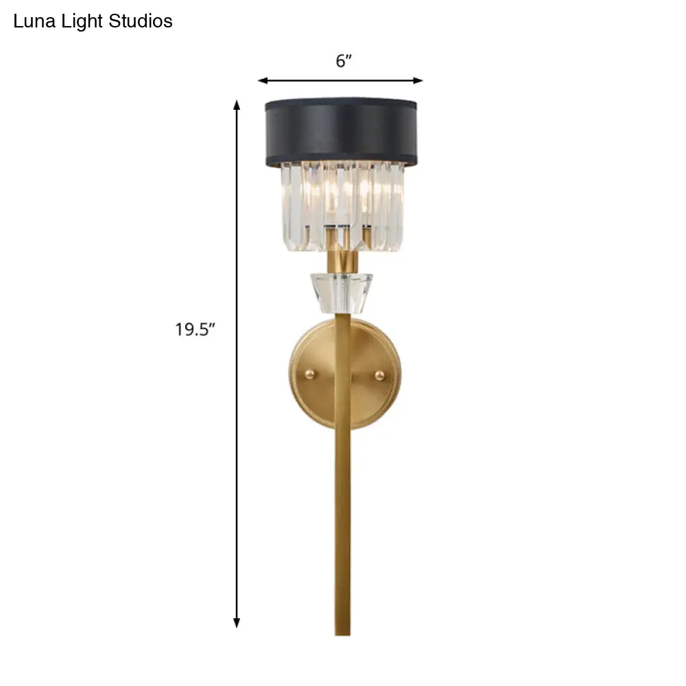 Stylish 1-Light Crystal Wall Sconce With Fabric Shade And Brass Cylinder - Modern Mount Light