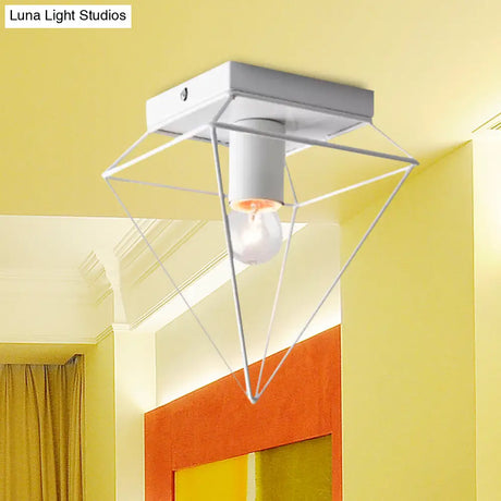 Stylish 1-Light Diamond Cage Flush Mount Ceiling Light - Black/White Metallic Lamp For Study Room