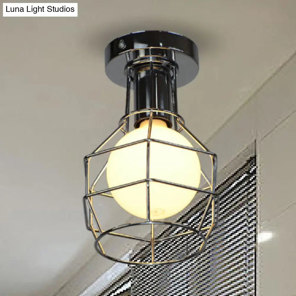 Stylish Antique Wire Guard Semi Mount Ceiling Light - 1 Head White/Gold Corridor