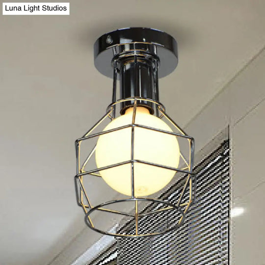 Stylish Antique Wire Guard Semi Mount Ceiling Light - 1 Head White/Gold Corridor