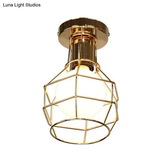Stylish Antique Wire Guard Semi Mount Ceiling Light - 1 Head White/Gold Corridor Gold