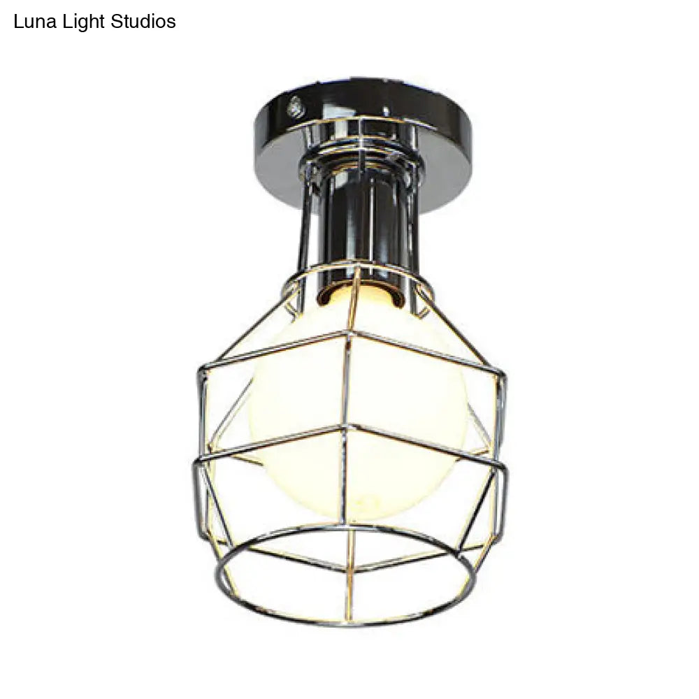Stylish Antique Wire Guard Semi Mount Ceiling Light - 1 Head White/Gold Corridor Chrome
