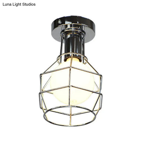 Stylish Antique Wire Guard Semi Mount Ceiling Light - 1 Head White/Gold Corridor Chrome
