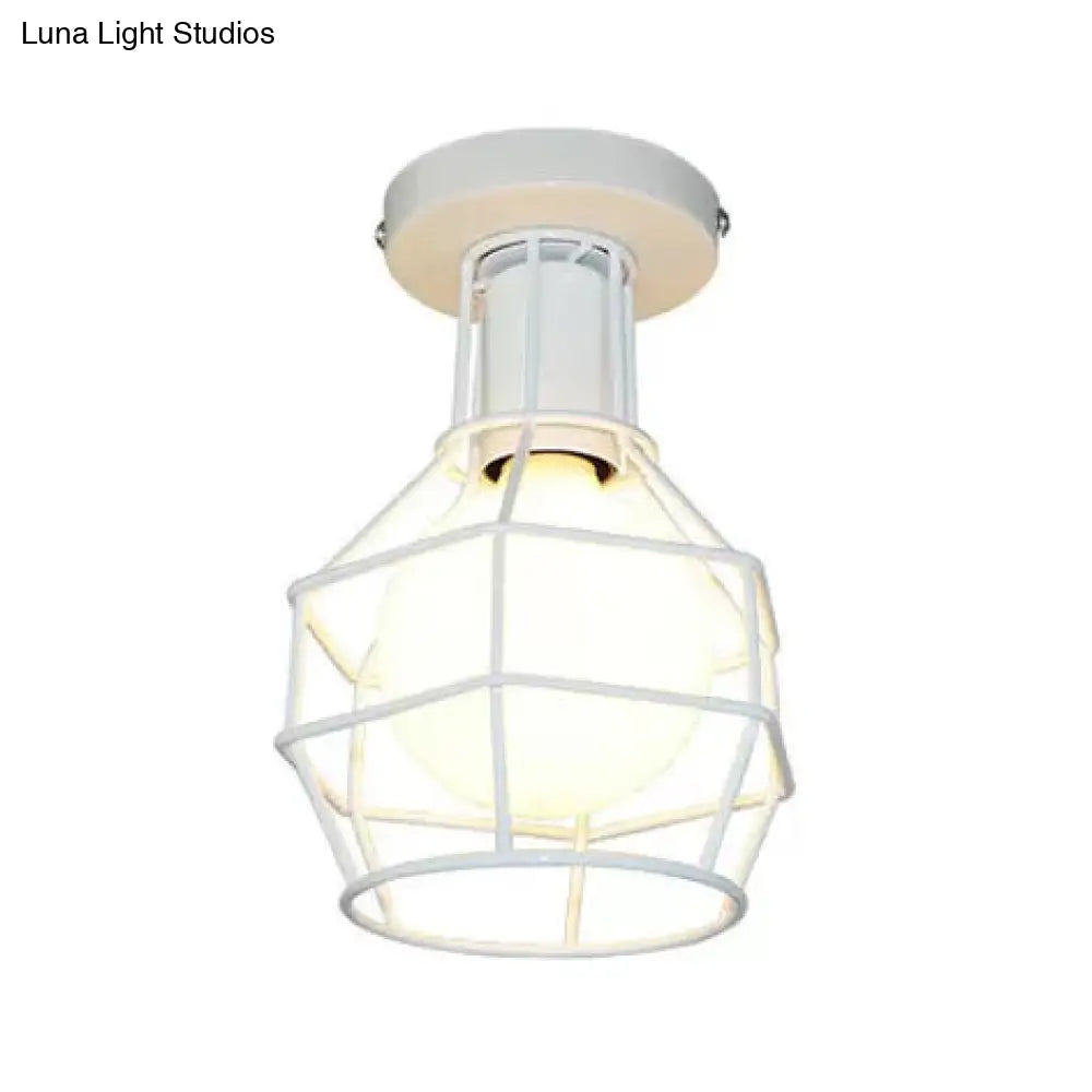Stylish Antique Wire Guard Semi Mount Ceiling Light - 1 Head White/Gold Corridor White