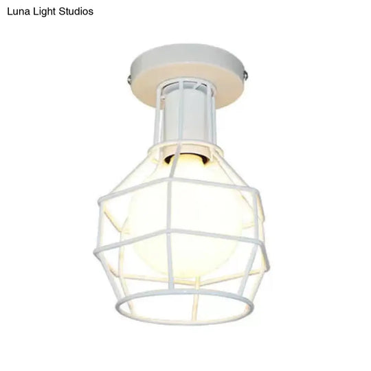Stylish Antique Wire Guard Semi Mount Ceiling Light - 1 Head White/Gold Corridor White
