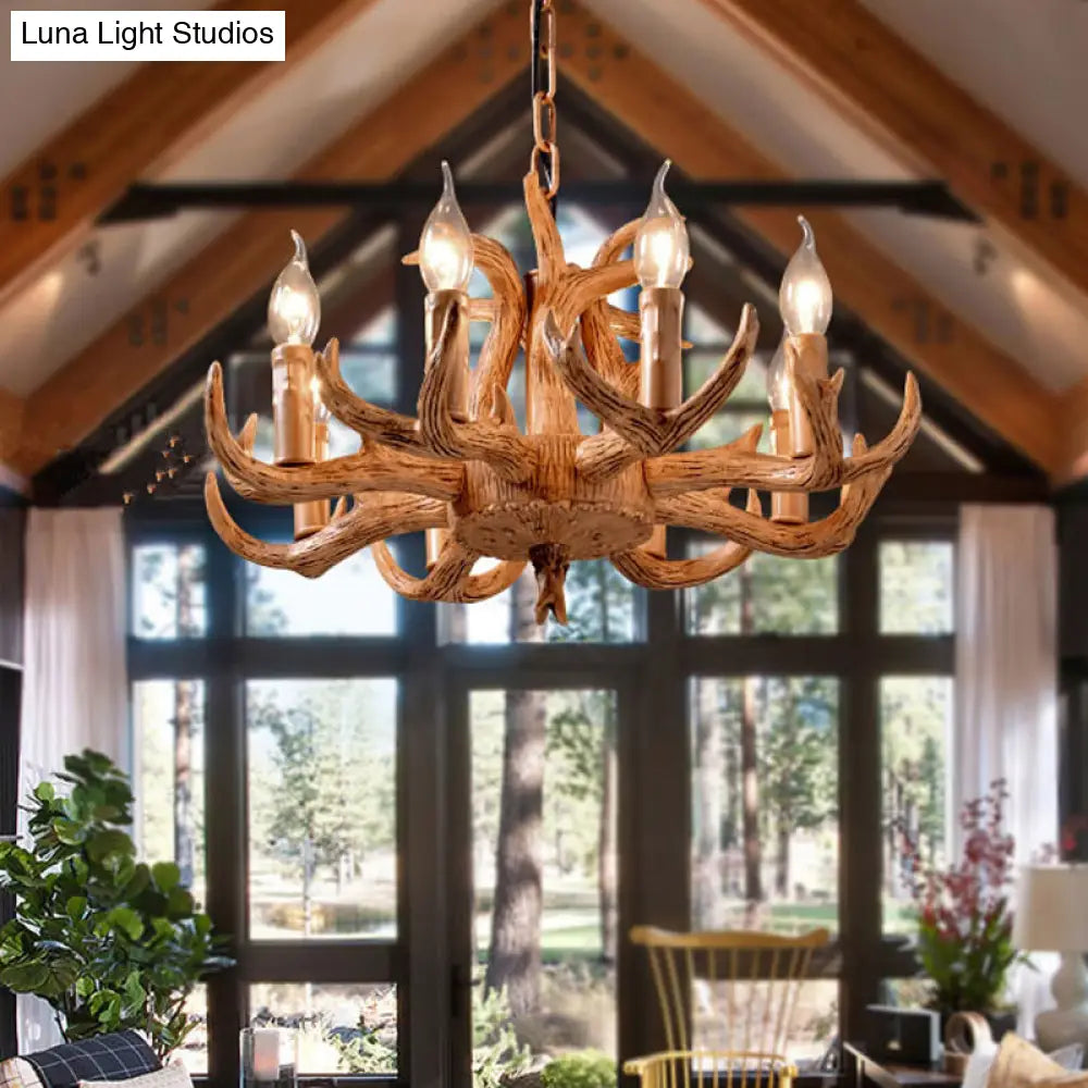 Stylish Antlers Chandelier With 8 Lights - Lodge-Inspired Resin Pendant Light Fixture In Wood