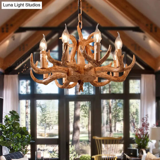 Stylish Antlers Chandelier With 8 Lights - Lodge-Inspired Resin Pendant Light Fixture In Wood