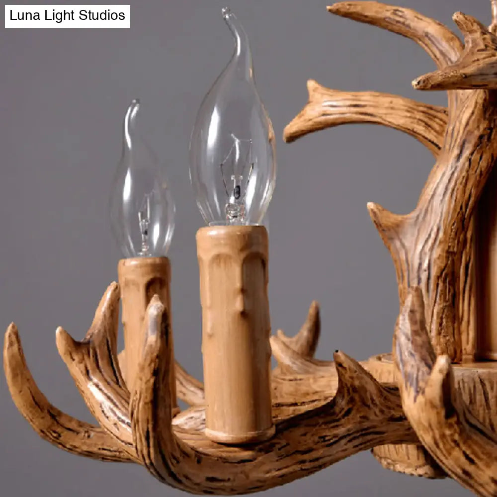 Stylish Antlers Chandelier With 8 Lights - Lodge-Inspired Resin Pendant Light Fixture In Wood