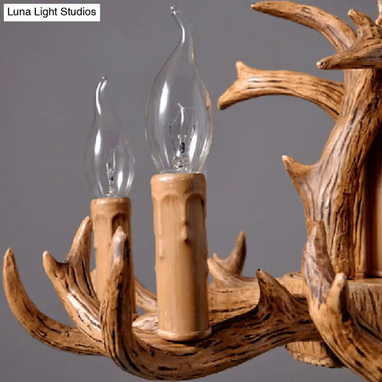 Stylish Antlers Chandelier With 8 Lights - Lodge-Inspired Resin Pendant Light Fixture In Wood