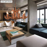 Stylish Antlers Chandelier With 8 Lights - Lodge-Inspired Resin Pendant Light Fixture In Wood