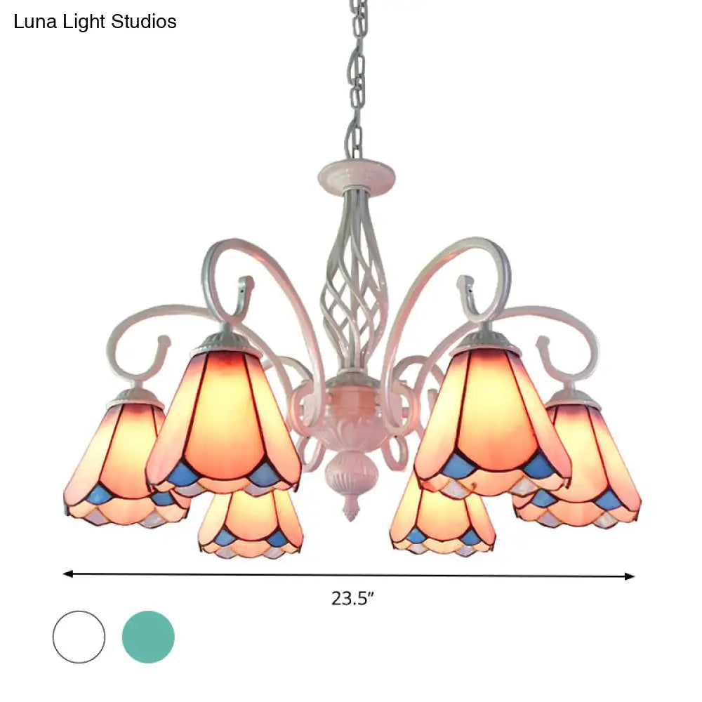 Stylish Arched Chandelier With Tiffany Glass Shades - 5/6/8 Lights For Bedroom Pendant Lighting