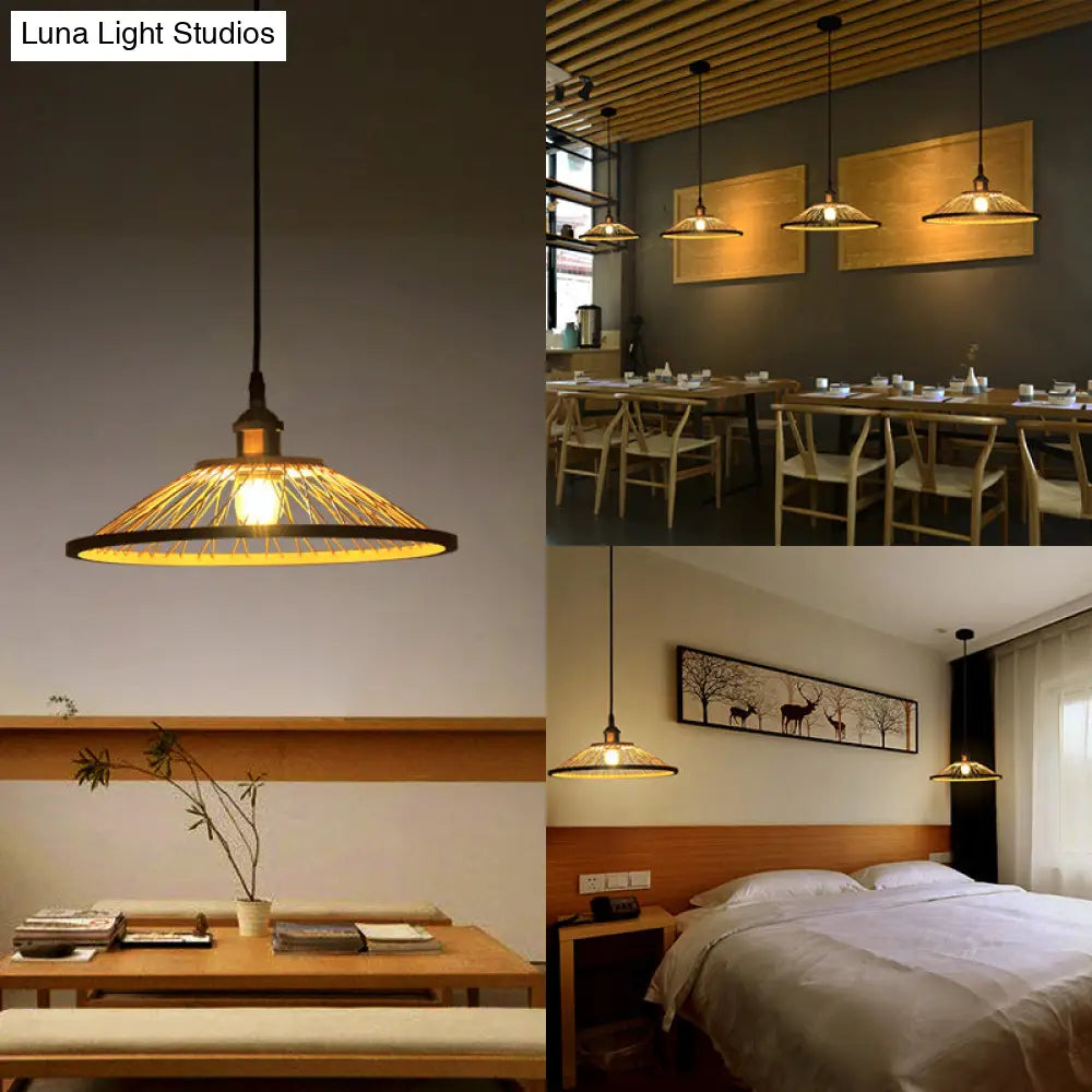 Stylish Asian Bamboo Pendant Hanging Lamp Ceiling Light - 1 Head Dome/Saucer Design In Beige For
