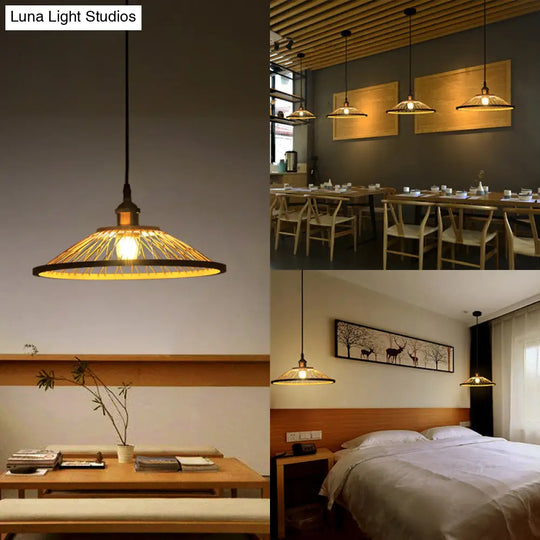 Stylish Asian Bamboo Pendant Hanging Lamp Ceiling Light - 1 Head Dome/Saucer Design In Beige For