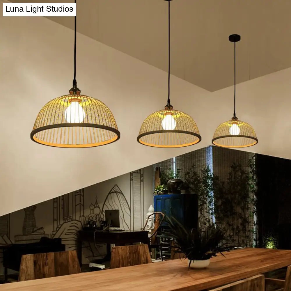 Stylish Asian Bamboo Pendant Hanging Lamp Ceiling Light - 1 Head Dome/Saucer Design In Beige For