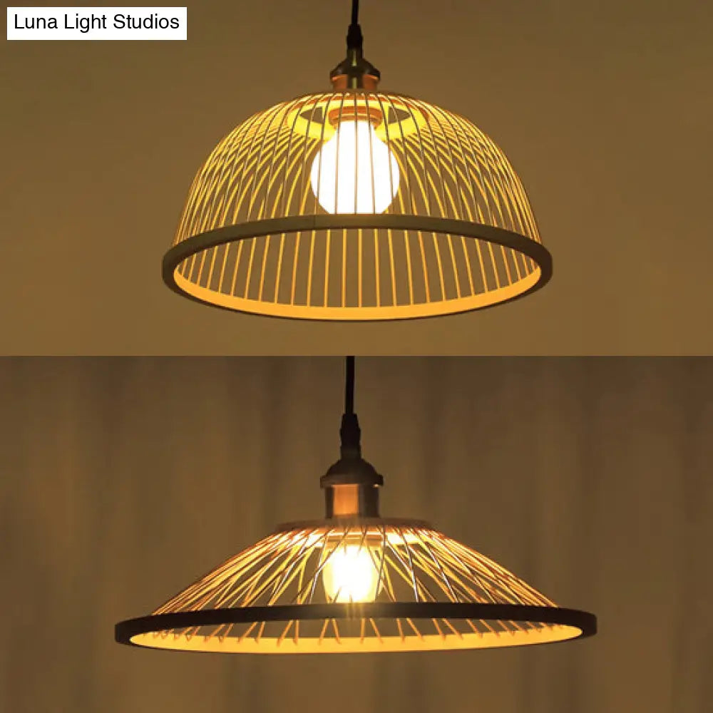Stylish Asian Bamboo Pendant Hanging Lamp Ceiling Light - 1 Head Dome/Saucer Design In Beige For