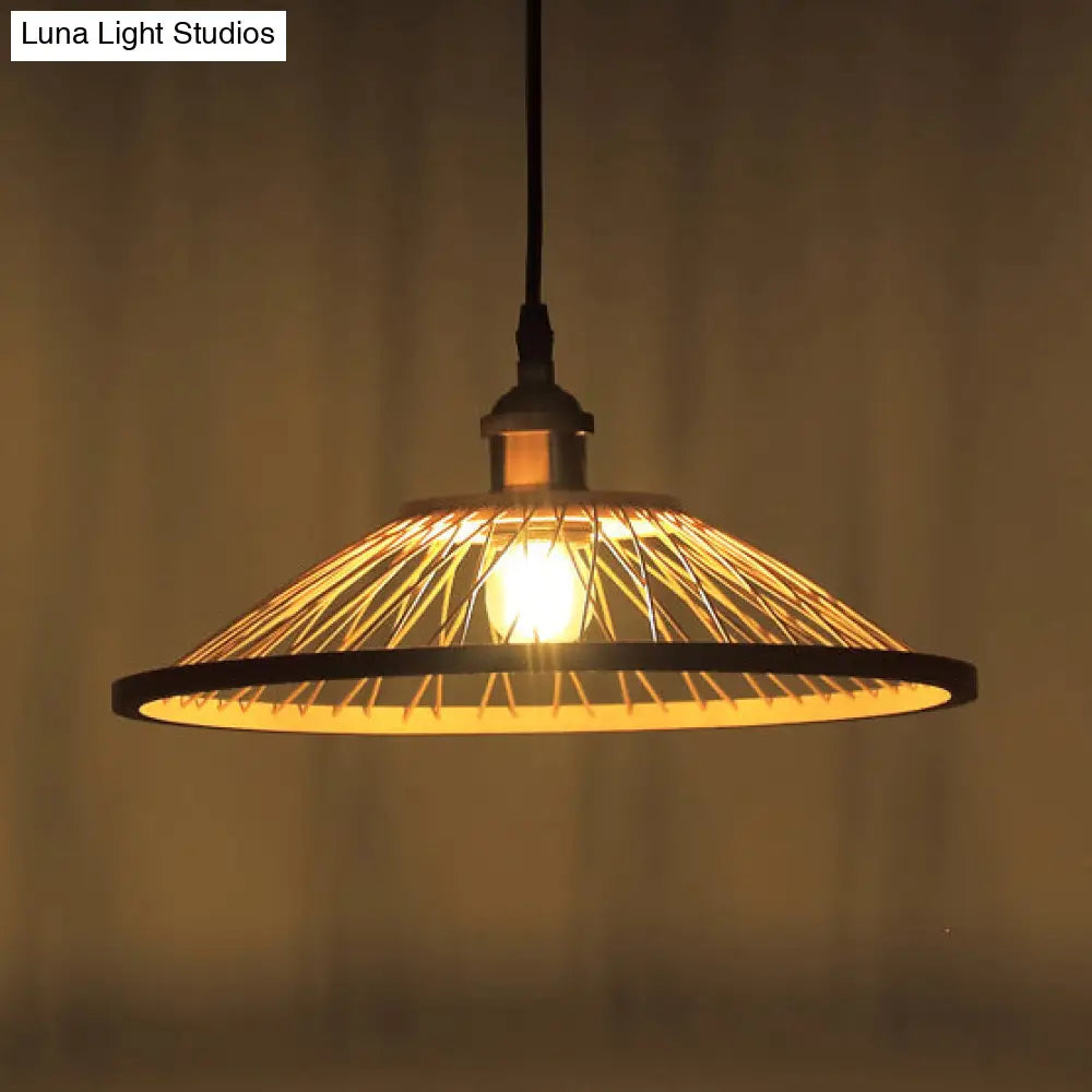 Stylish Asian Bamboo Pendant Hanging Lamp Ceiling Light - 1 Head Dome/Saucer Design In Beige For