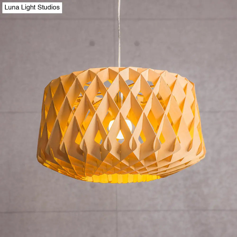 Stylish Asian Beige Wood Drum Drop Pendant Ceiling Light With Crisscross Pattern - 1 Head