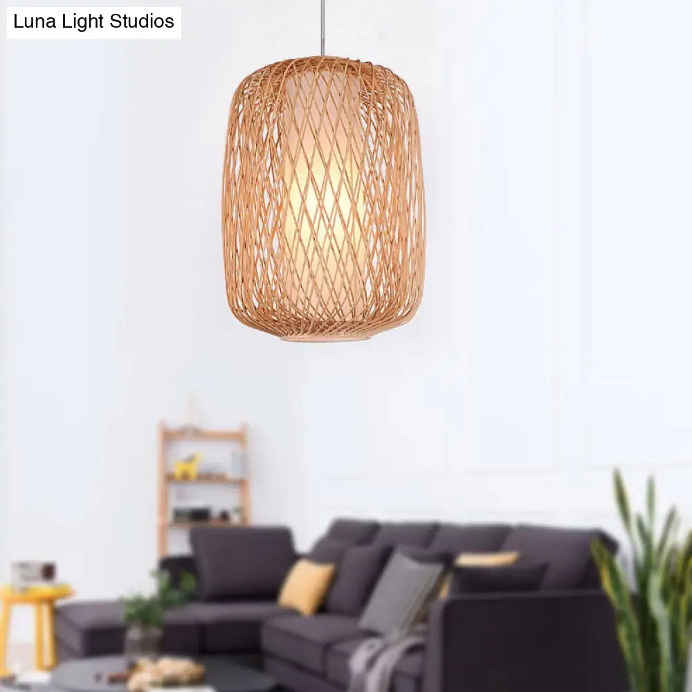 Stylish Asian Hand-Knitted Bamboo Pendant Lamp - Beige Shade 1 Light Living Room Lighting